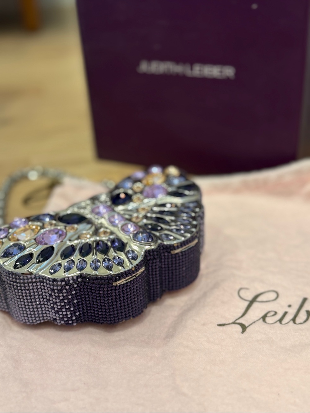 Judith Leiber Jeweled Butterfly Evening Clutch in Purple, Pink, Gold - Picture 3 of 6
